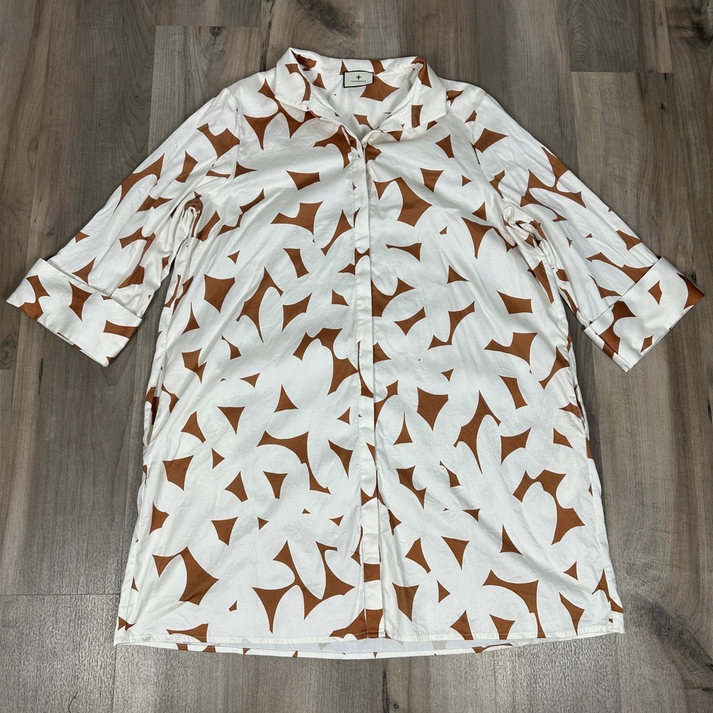 Tuckernuck Honey Petal Charlie Shirt Dress White Brown Leaf Sateen A-Line M